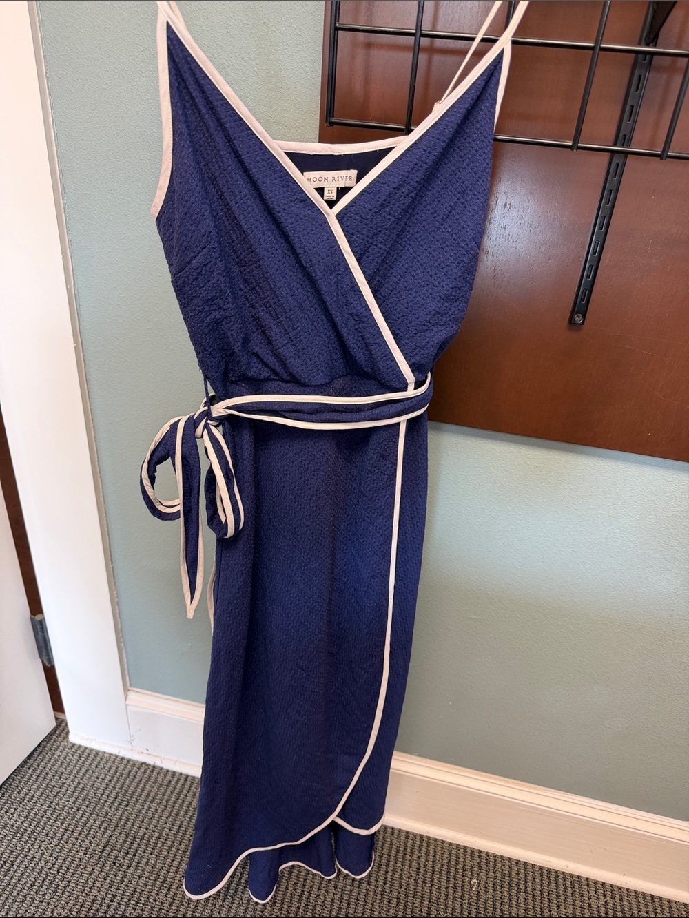 Moon River Navy Midi high low Dress with Contrast Trim